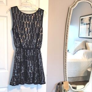 Saks Endless Rose backless party dress, blue silver bronze sequins all over sz S